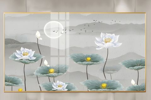 Không gian phòng thờ trang nghiêm được ốp gạch tranh 3d hoa sen phía sau bàn thờ 